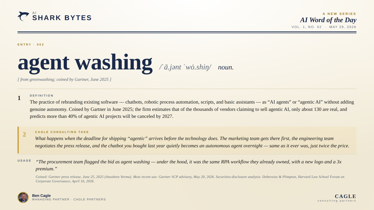 Shark Bytes AI Word of the Day: Agent Washing masthead